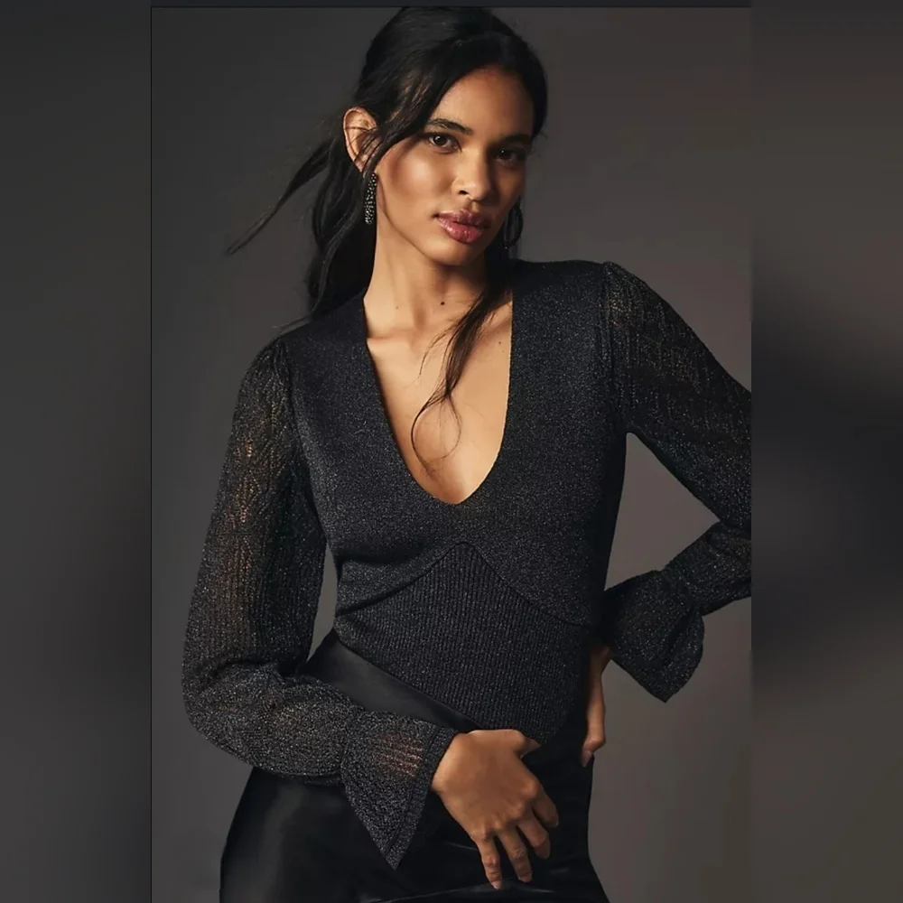 ⭐ HOST PICK⭐ Anthropologie L Metallic V-Neck Twofer Sweater Black Woven Sleeve - Picture 1 of 15